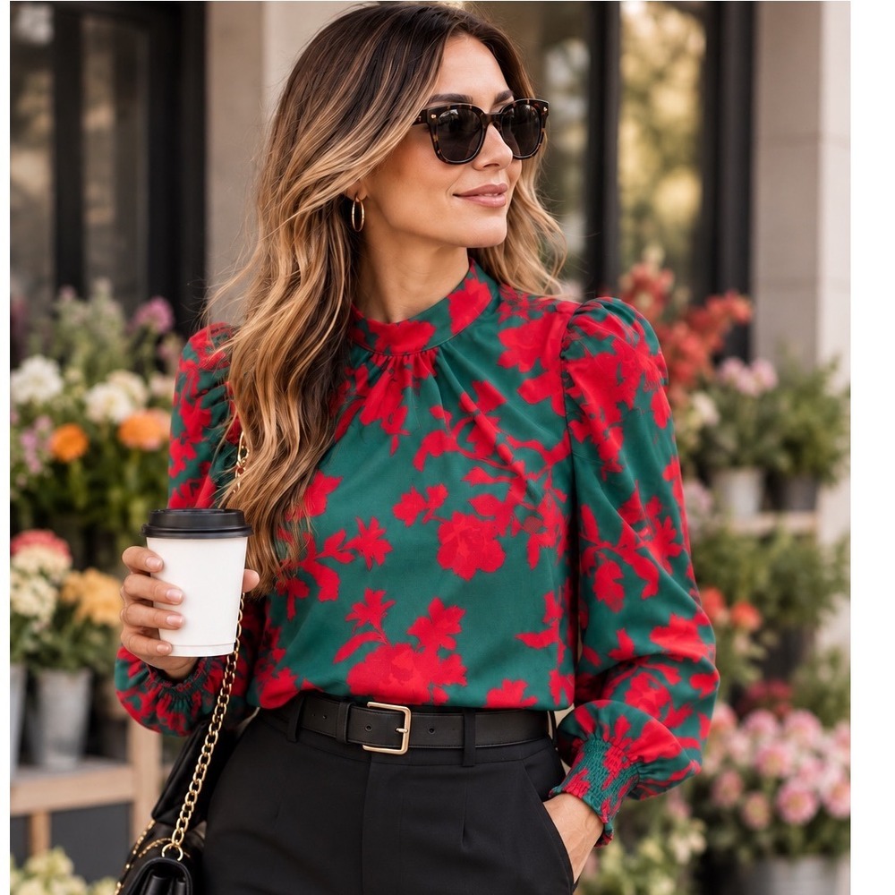 Chic Feminine Color Pop Floral Mock Neck Puff Sleeve Blouse Office Work Sz L